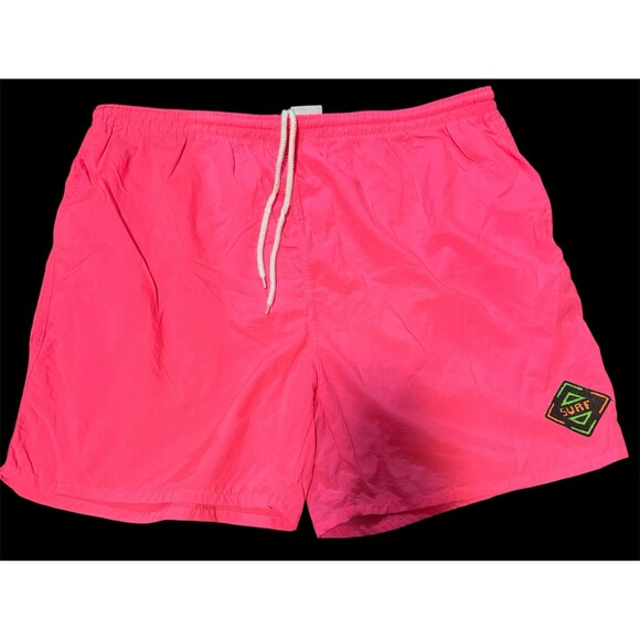 Vtg 80 90's SURF GEAR Men Neon Pink Beach SWIM Trunks NYLON Board Shorts 40/42 - Picture 1 of 7